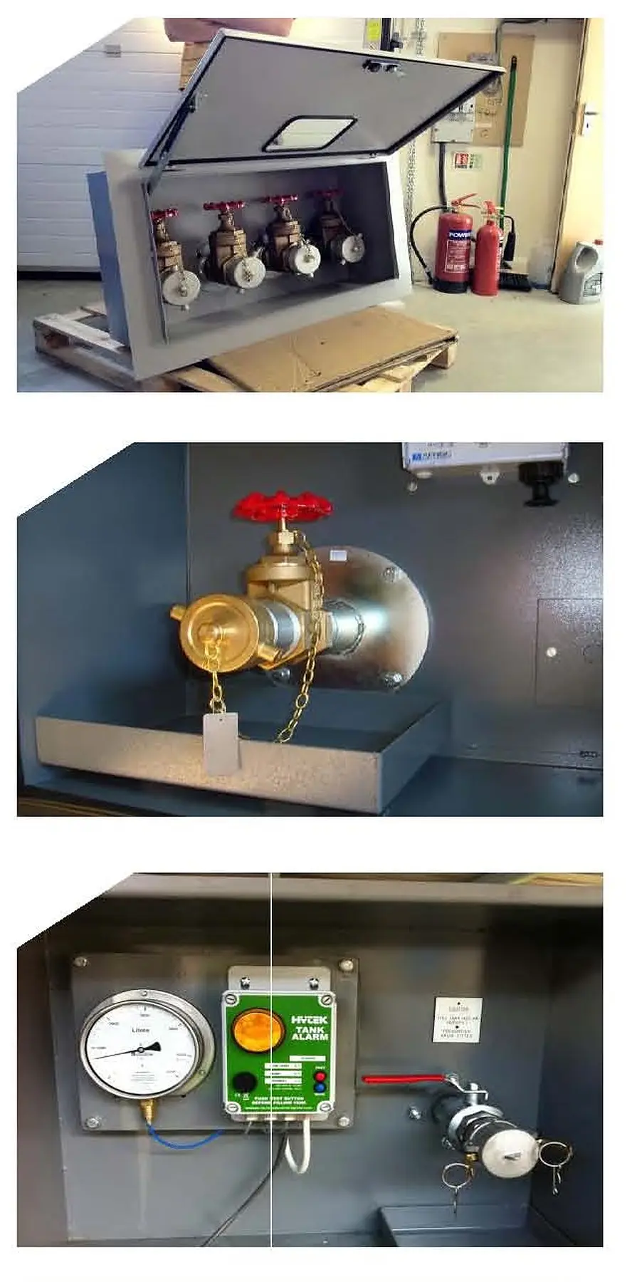Fuel fill cabinets, alarms and gauges